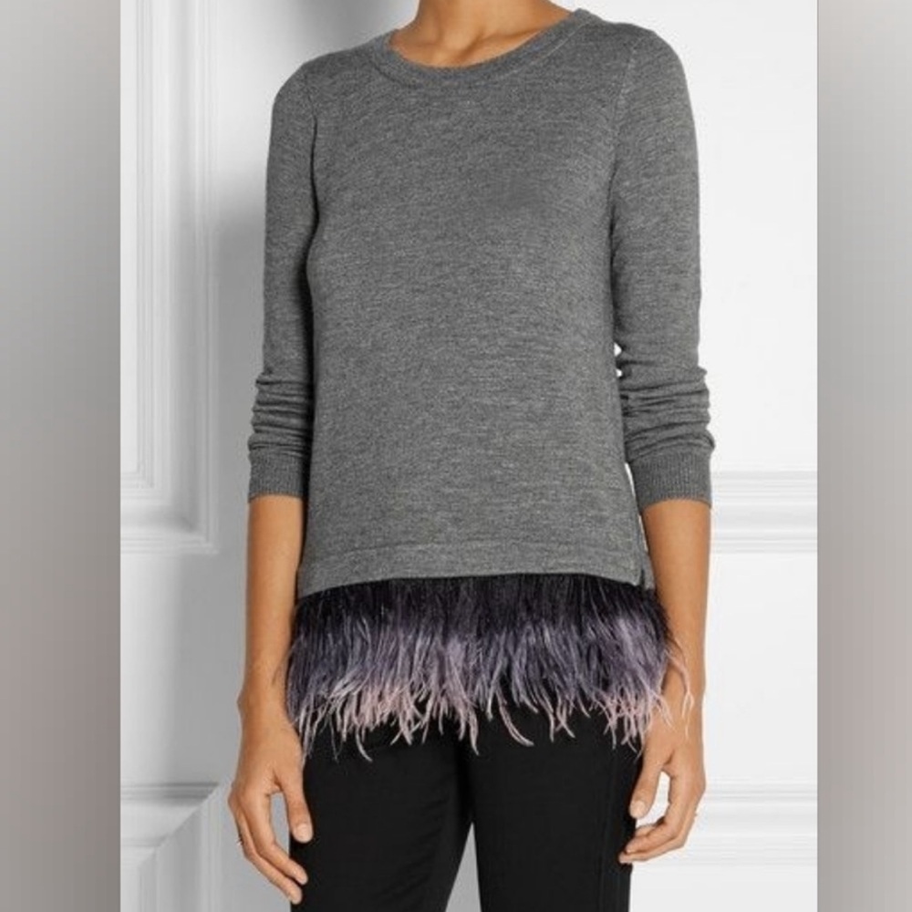 Milly Ostrich Plume Gray Scoop Neck Sweater